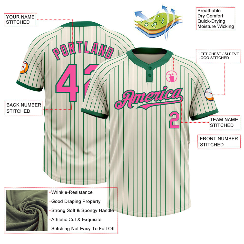 Custom Cream Kelly Green Pinstripe Pink Two-Button Unisex Softball Jersey view 3