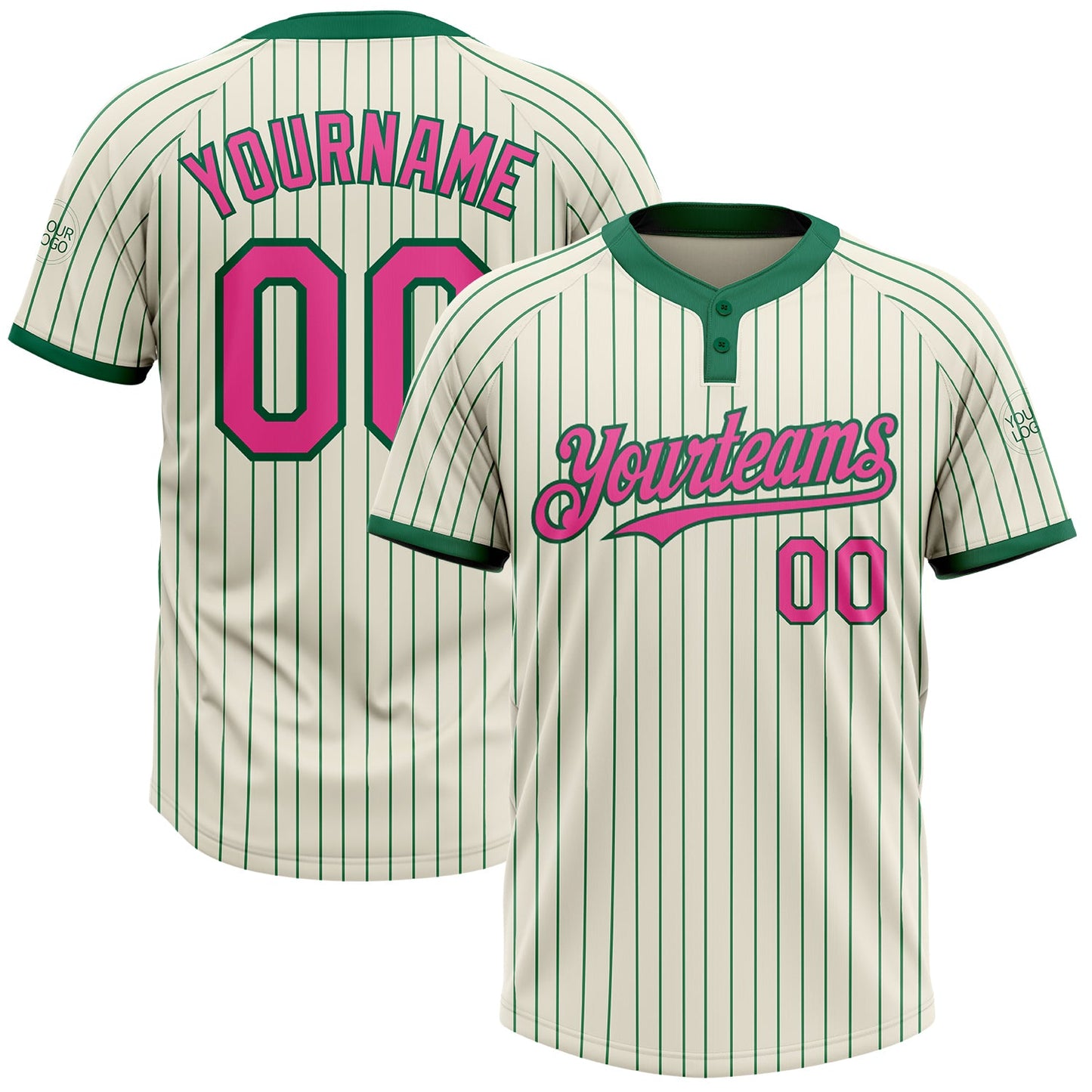 Custom Cream Kelly Green Pinstripe Pink Two-Button Unisex Softball Jersey - Main View