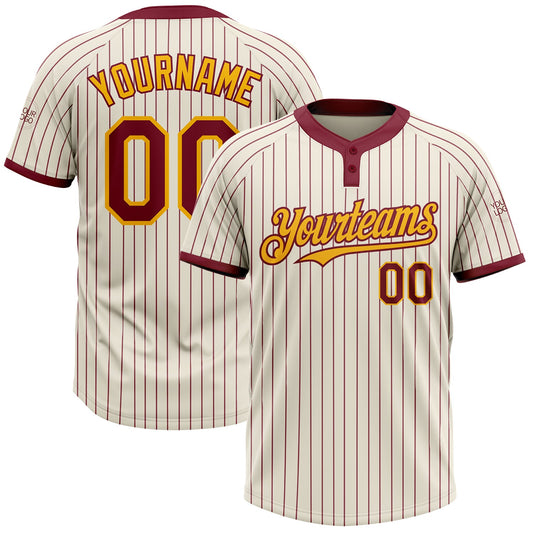Custom Cream Crimson Pinstripe Gold Two-Button Unisex Softball Jersey - Main View