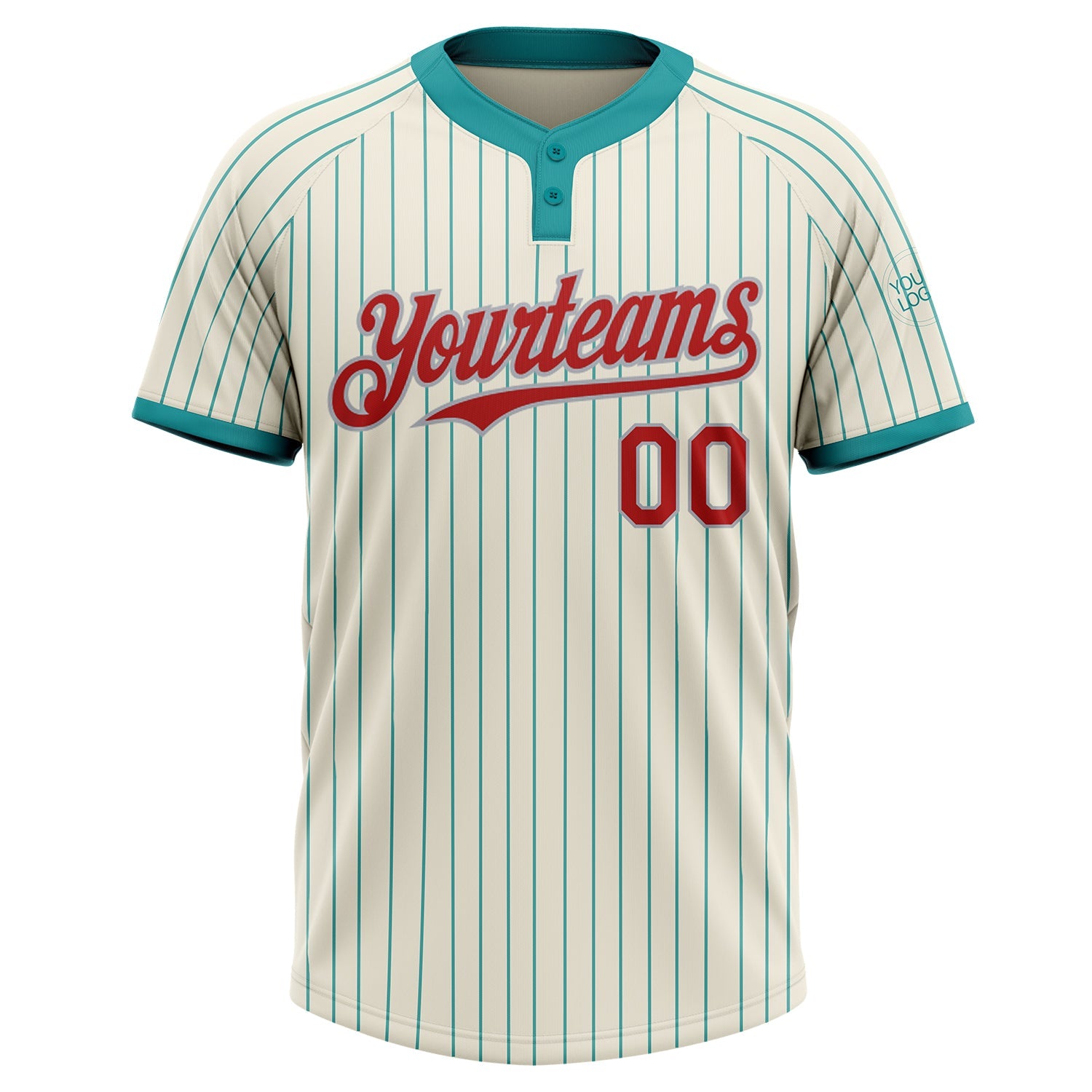 Custom Cream Teal Pinstripe Red-Gray Two-Button Unisex Softball Jersey view 2