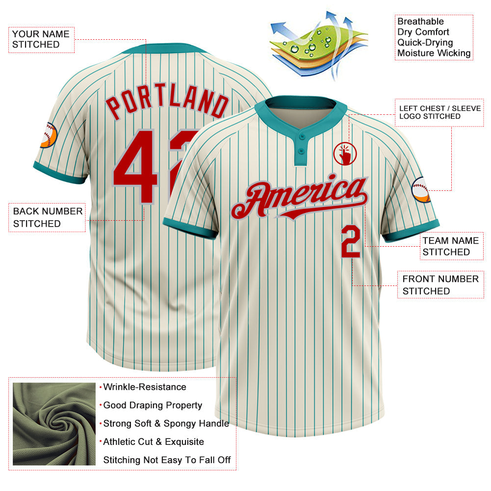 Custom Cream Teal Pinstripe Red-Gray Two-Button Unisex Softball Jersey view 3