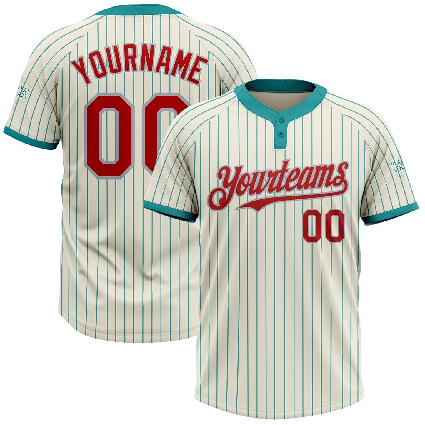 Custom Cream Teal Pinstripe Red-Gray Two-Button Unisex Softball Jersey - Main View