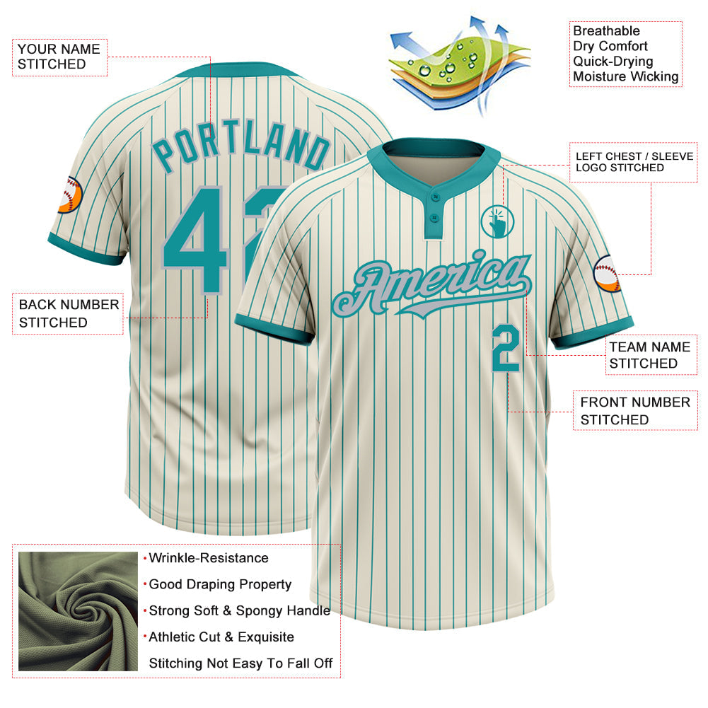 Custom Cream Teal Pinstripe Gray Two-Button Unisex Softball Jersey view 3