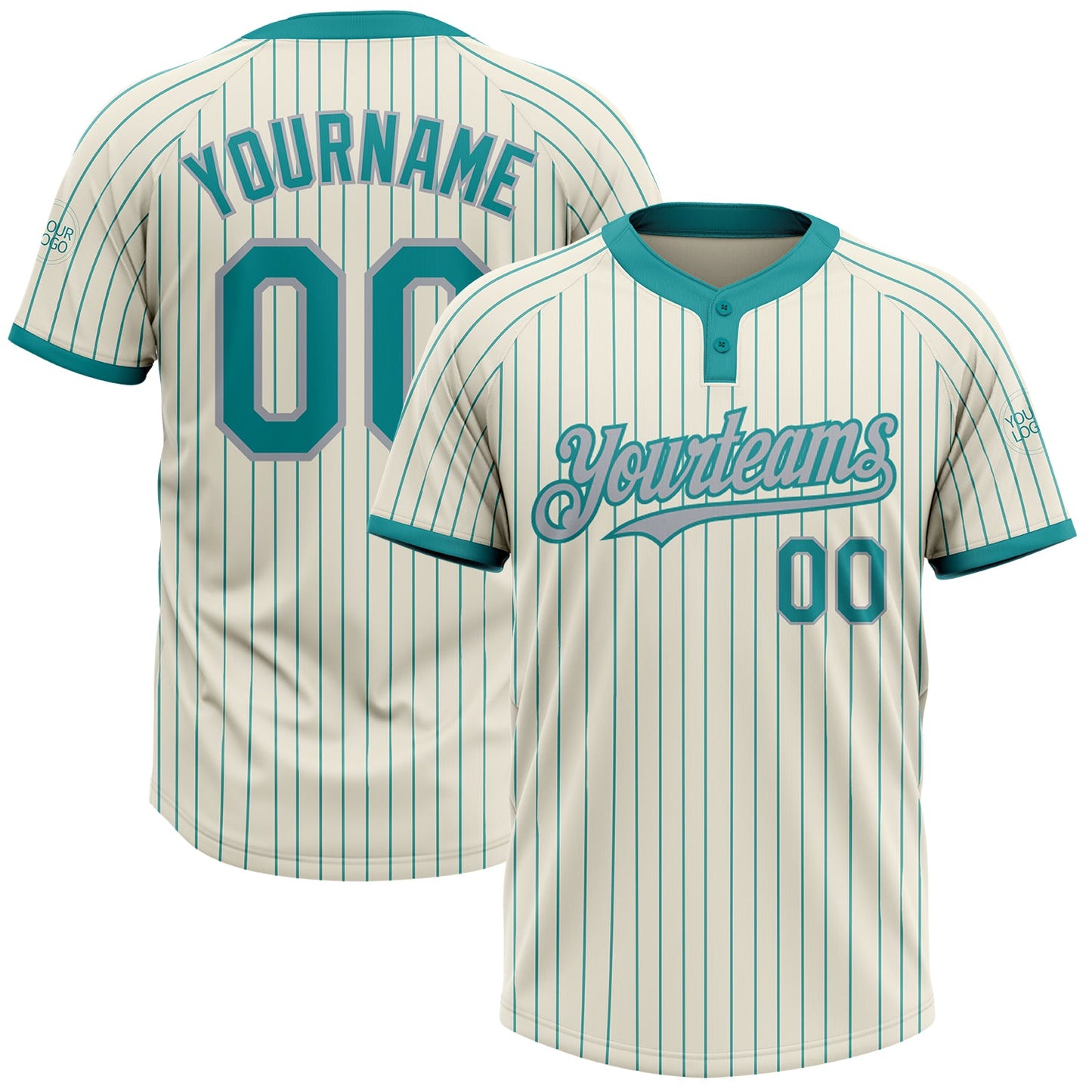 Custom Cream Teal Pinstripe Gray Two-Button Unisex Softball Jersey - Main View