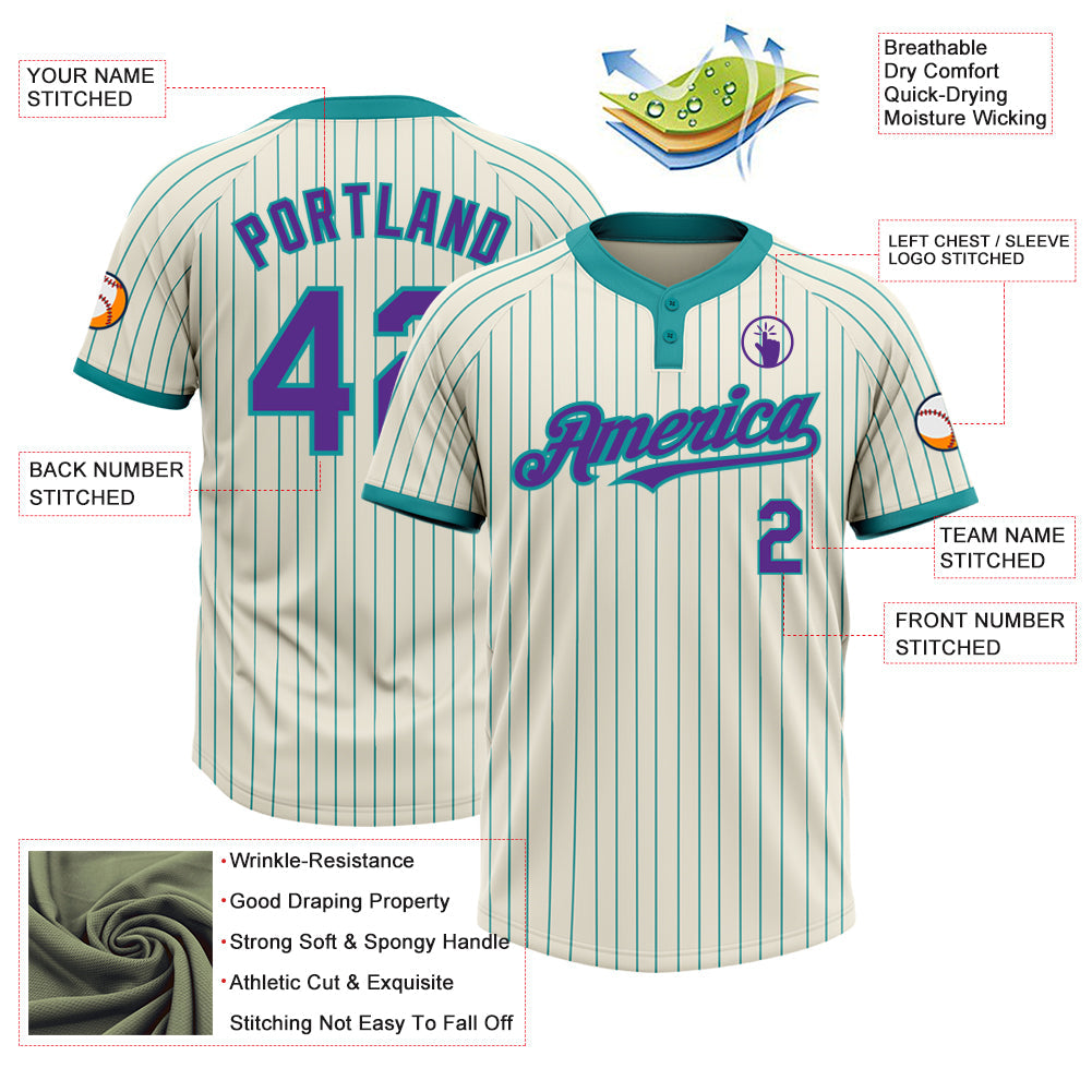 Custom Cream Teal Pinstripe Purple Two-Button Unisex Softball Jersey view 3