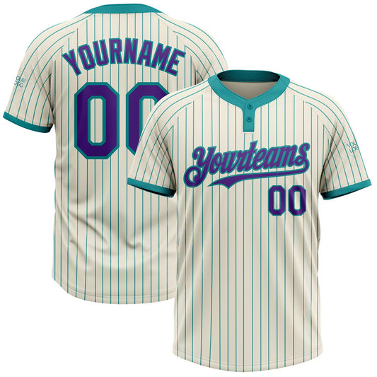 Custom Cream Teal Pinstripe Purple Two-Button Unisex Softball Jersey - Main View