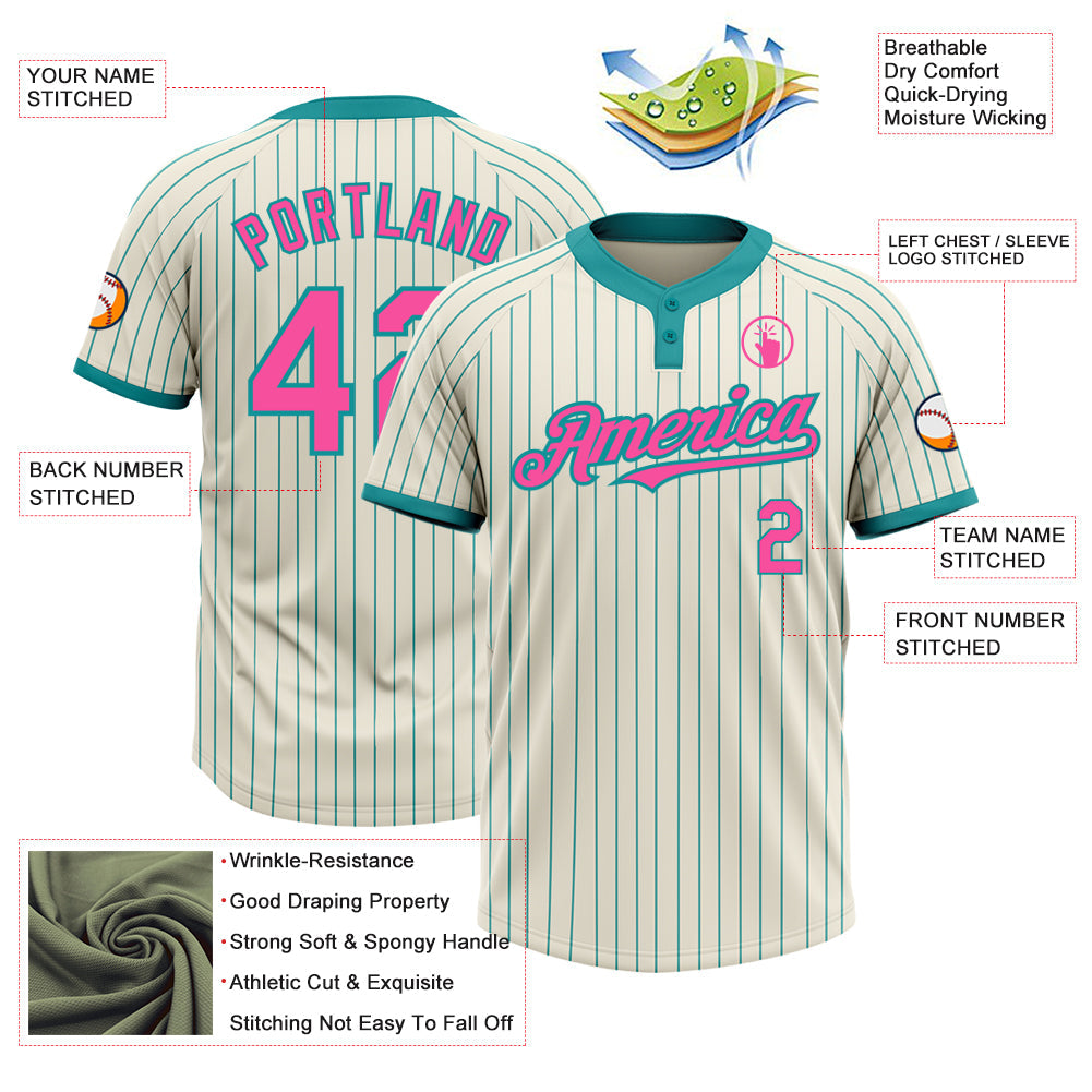 Custom Cream Teal Pinstripe Pink Two-Button Unisex Softball Jersey view 3