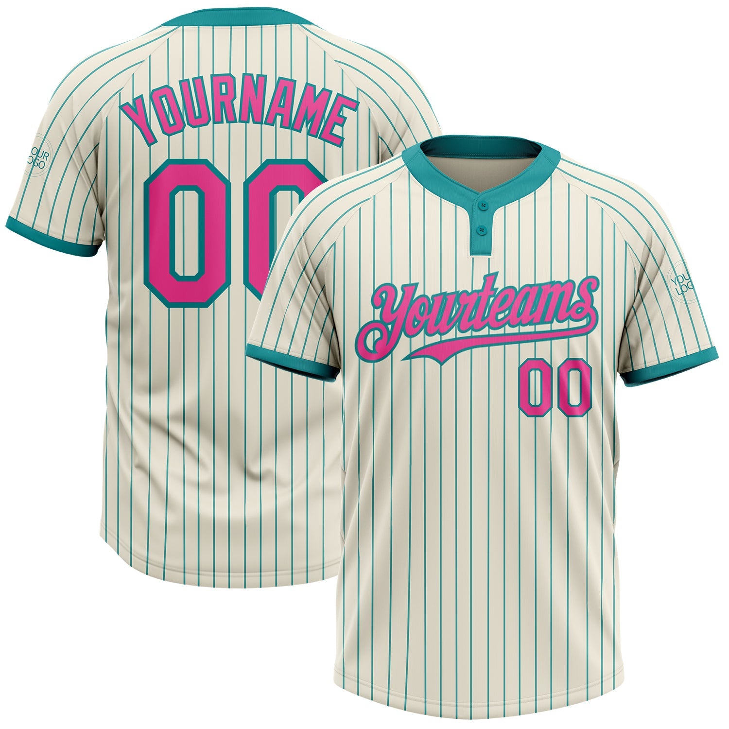 Custom Cream Teal Pinstripe Pink Two-Button Unisex Softball Jersey - Main View