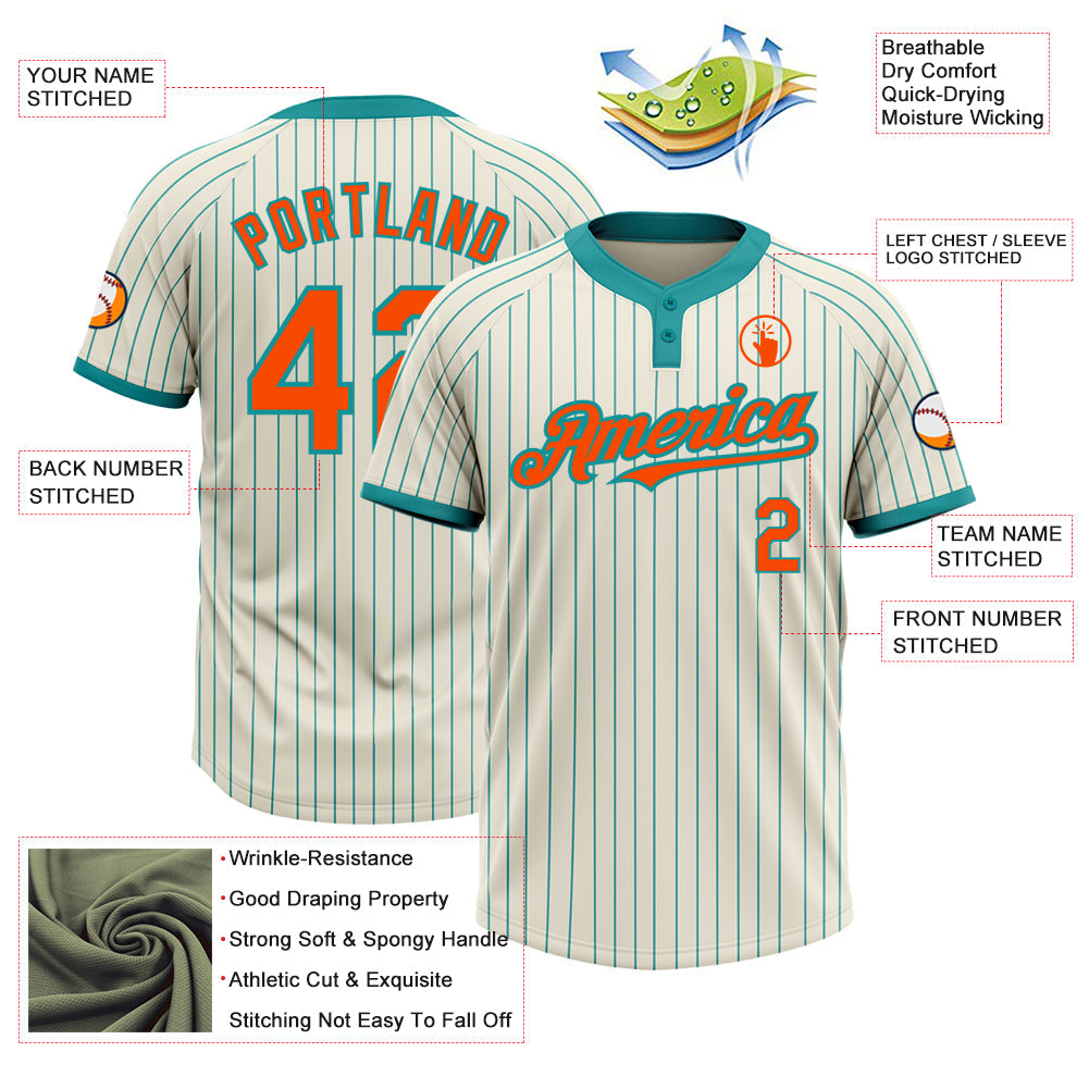 Custom Cream Teal Pinstripe Orange Two-Button Unisex Softball Jersey view 3