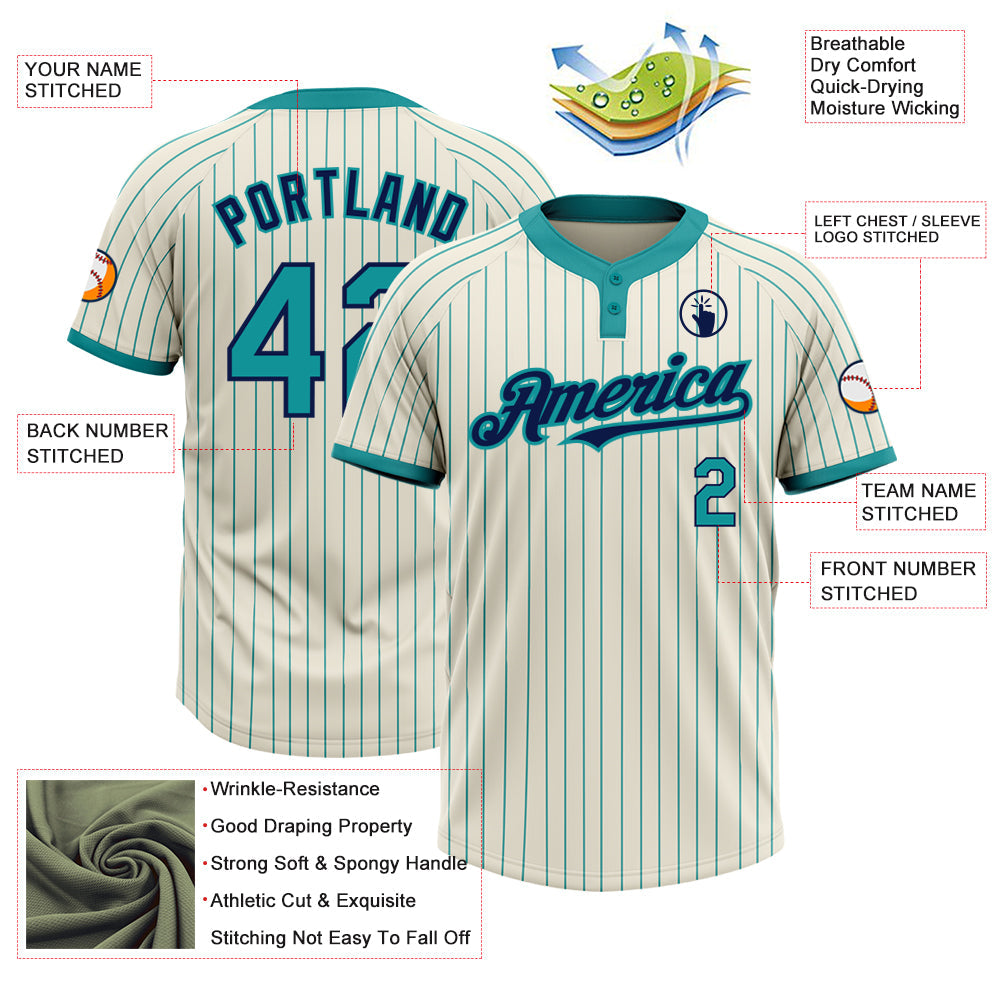 Custom Cream Teal Pinstripe Navy Two-Button Unisex Softball Jersey view 3
