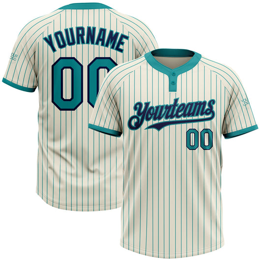 Custom Cream Teal Pinstripe Navy Two-Button Unisex Softball Jersey - Main View