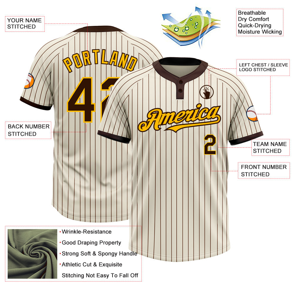 Custom Cream Brown Pinstripe Gold Two-Button Unisex Softball Jersey view 3