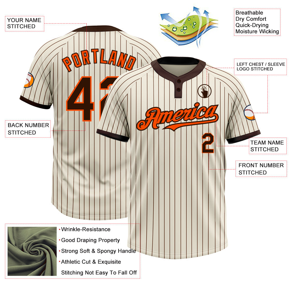 Custom Cream Brown Pinstripe Orange Two-Button Unisex Softball Jersey view 3