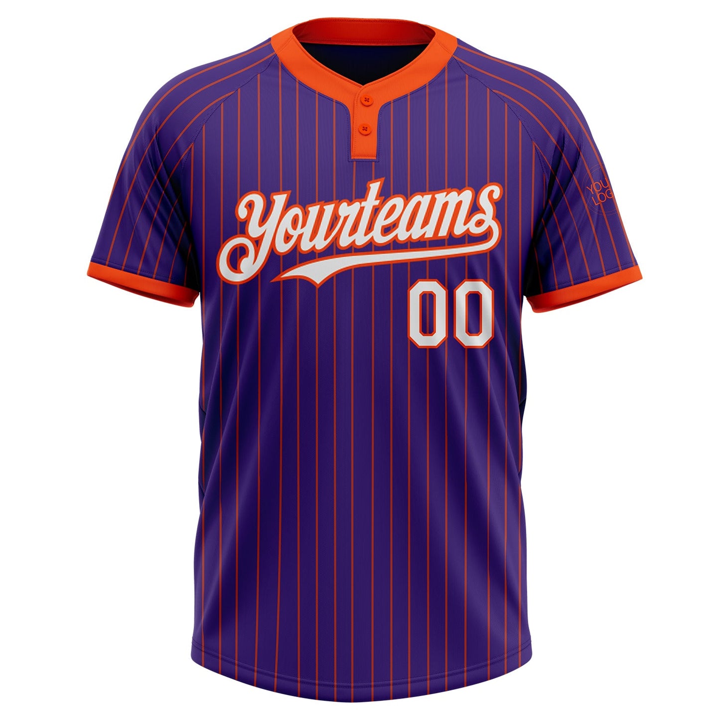 Custom Purple Orange Pinstripe White Two-Button Unisex Softball Jersey view 2