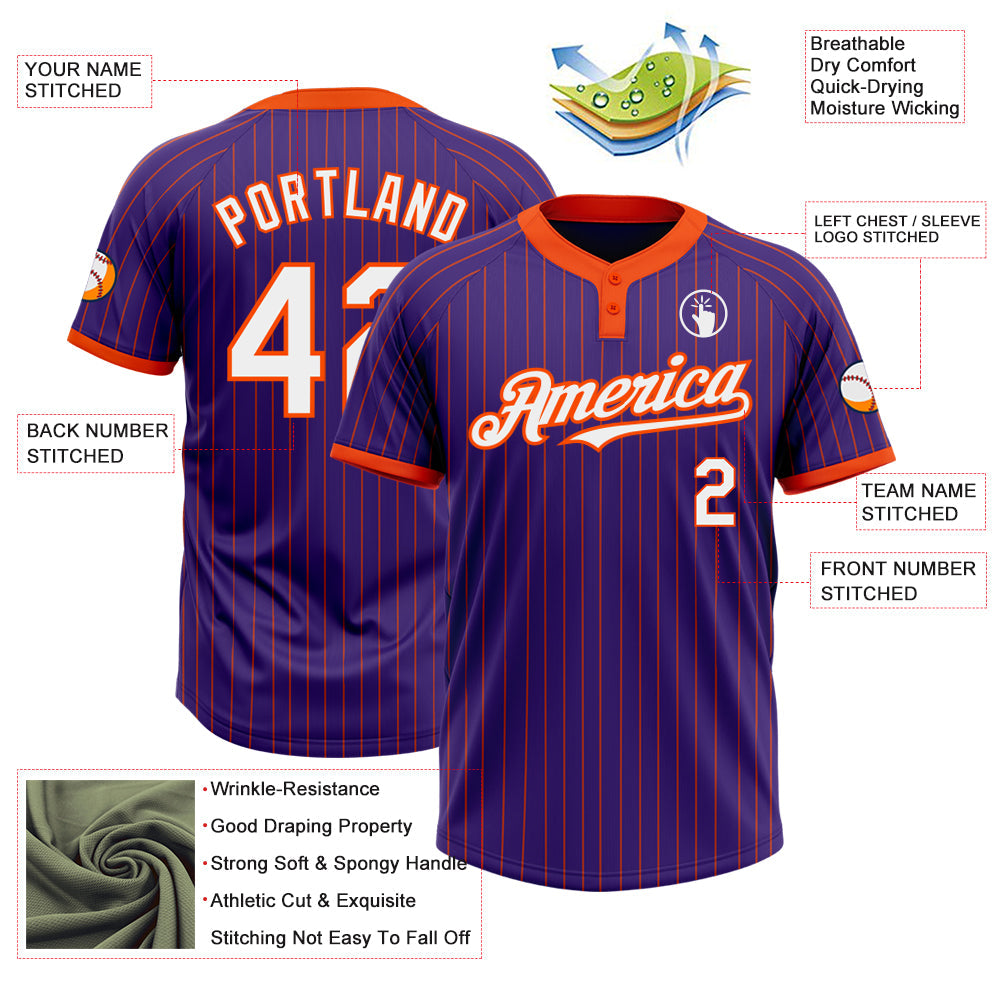 Custom Purple Orange Pinstripe White Two-Button Unisex Softball Jersey view 3
