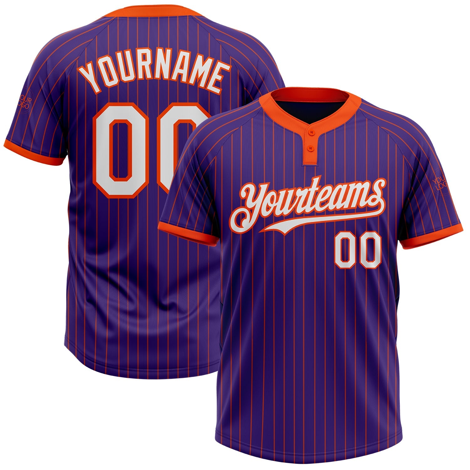 Custom Purple Orange Pinstripe White Two-Button Unisex Softball Jersey - Main View