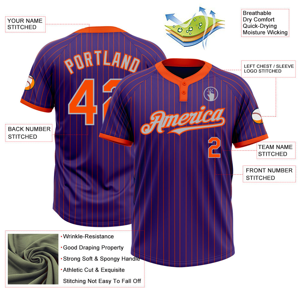 Custom Purple Orange Pinstripe Gray Two-Button Unisex Softball Jersey view 3