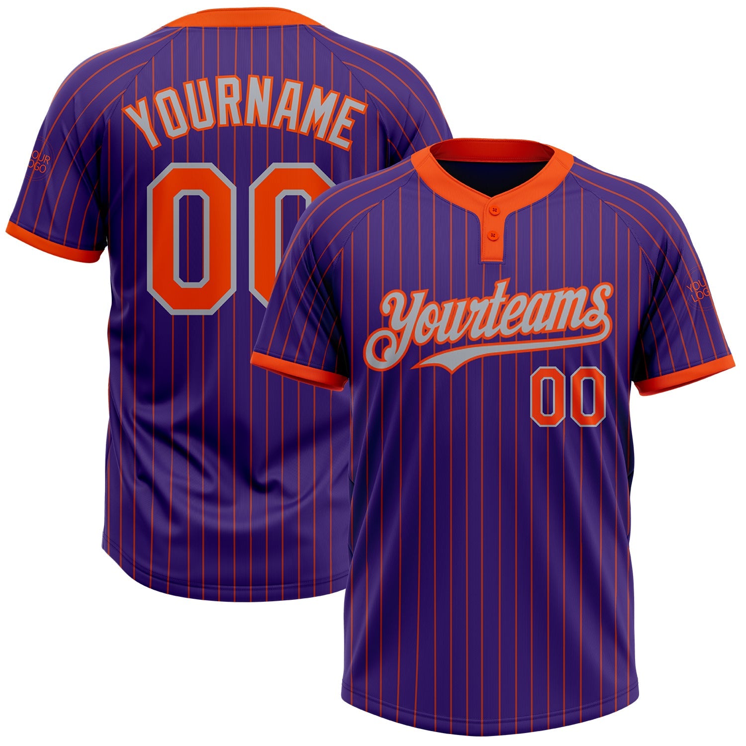 Custom Purple Orange Pinstripe Gray Two-Button Unisex Softball Jersey - Main View