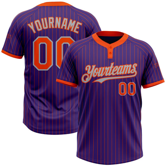 Custom Purple Orange Pinstripe Gray Two-Button Unisex Softball Jersey - Main View