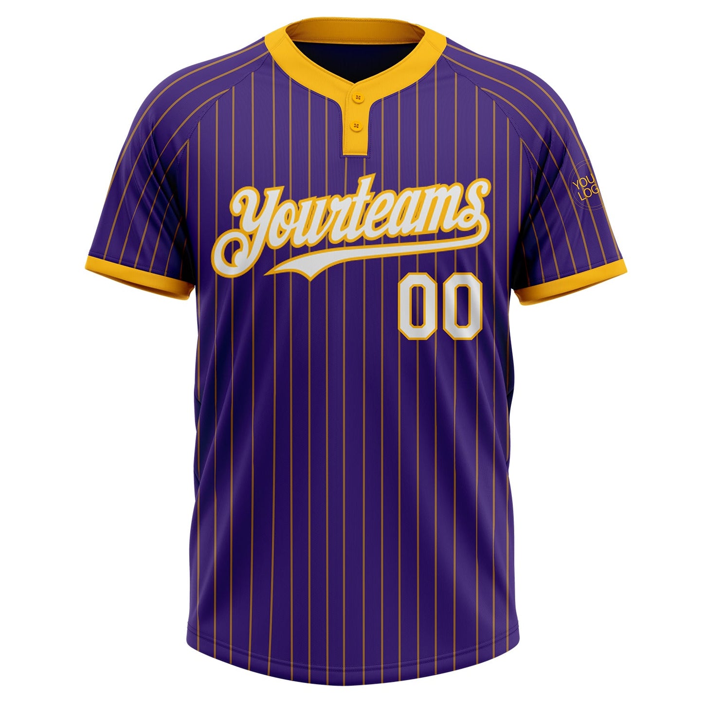 Custom Purple Gold Pinstripe White Two-Button Unisex Softball Jersey view 2