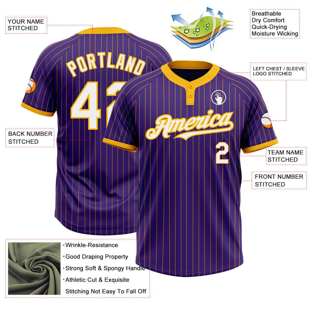 Custom Purple Gold Pinstripe White Two-Button Unisex Softball Jersey view 3