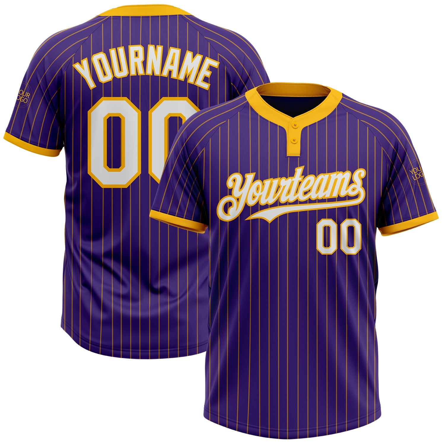 Custom Purple Gold Pinstripe White Two-Button Unisex Softball Jersey - Main View