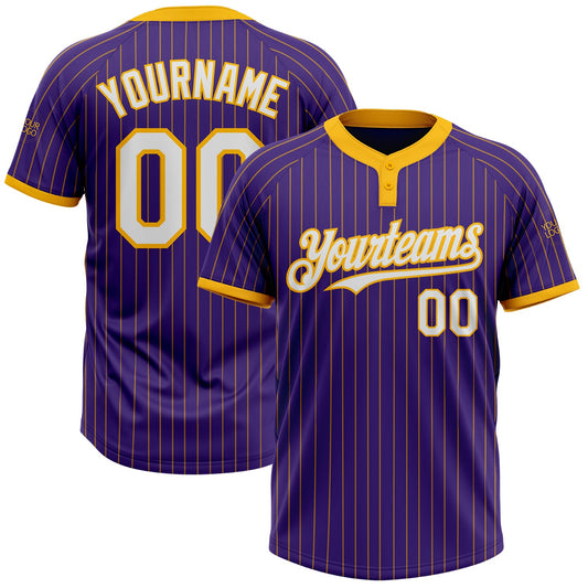 Custom Purple Gold Pinstripe White Two-Button Unisex Softball Jersey - Main View