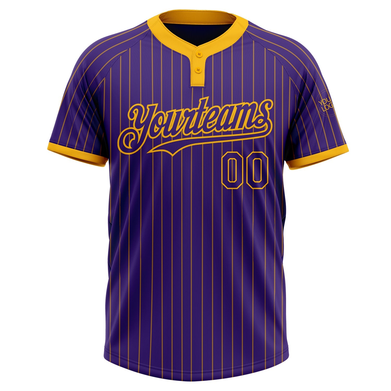 Custom Purple Gold Pinstripe Gold Two-Button Unisex Softball Jersey view 2