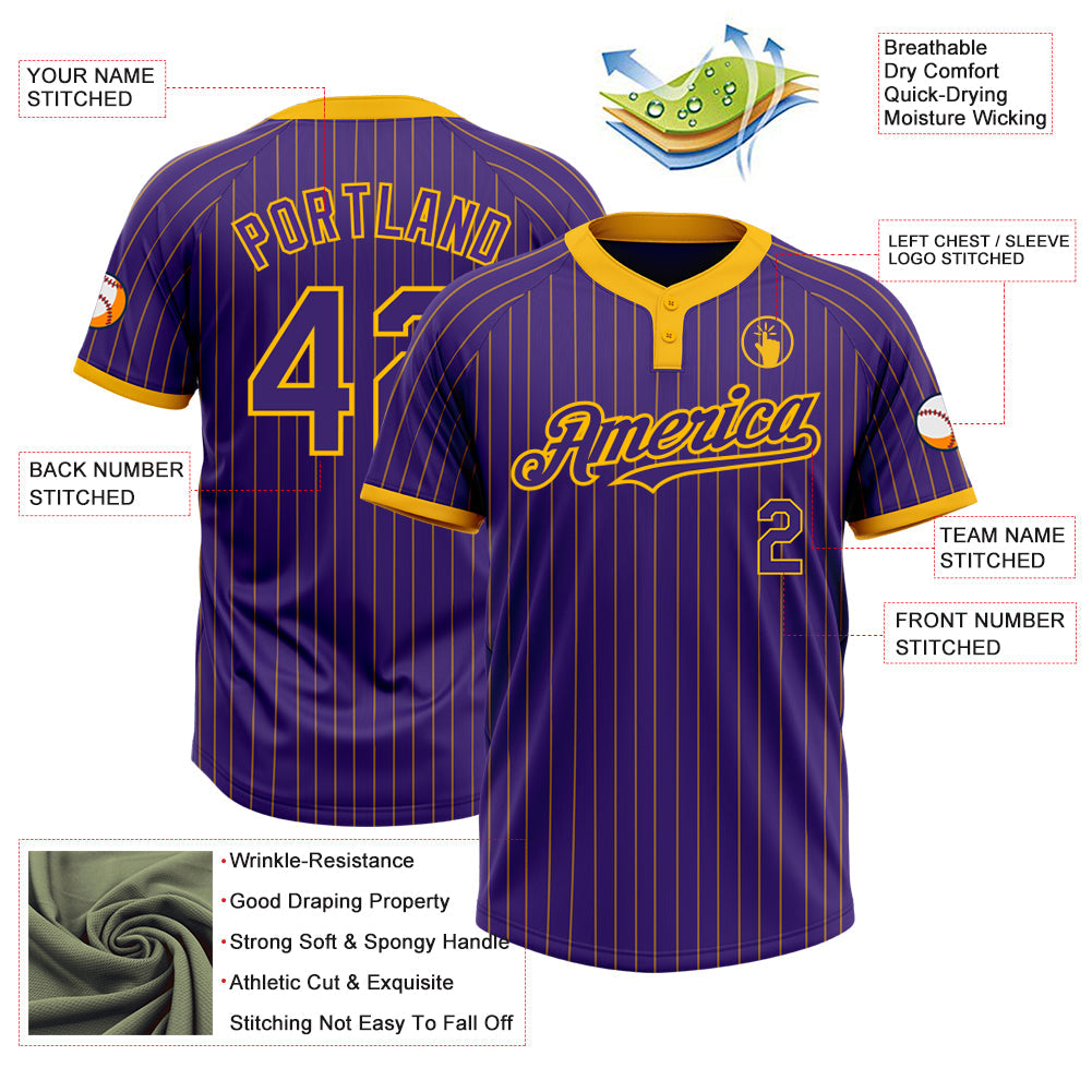 Custom Purple Gold Pinstripe Gold Two-Button Unisex Softball Jersey view 3