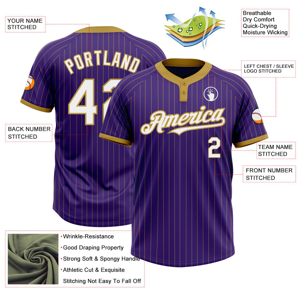Custom Purple Old Gold Pinstripe White Two-Button Unisex Softball Jersey view 3
