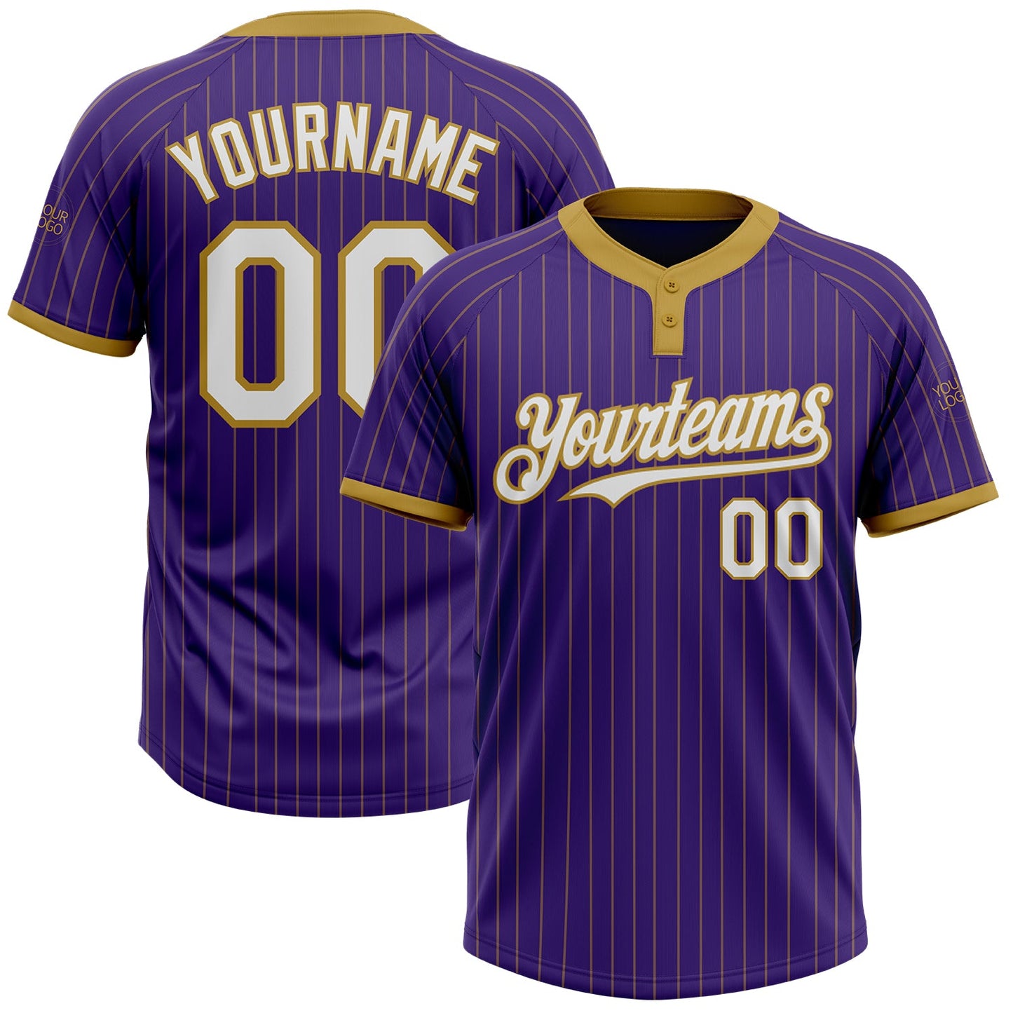 Custom Purple Old Gold Pinstripe White Two-Button Unisex Softball Jersey - Main View