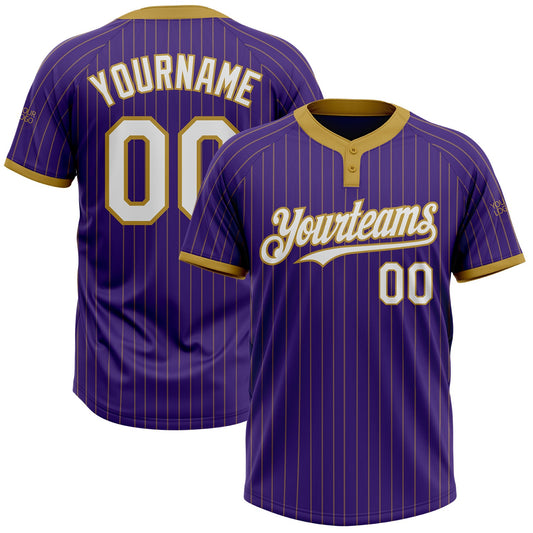 Custom Purple Old Gold Pinstripe White Two-Button Unisex Softball Jersey - Main View