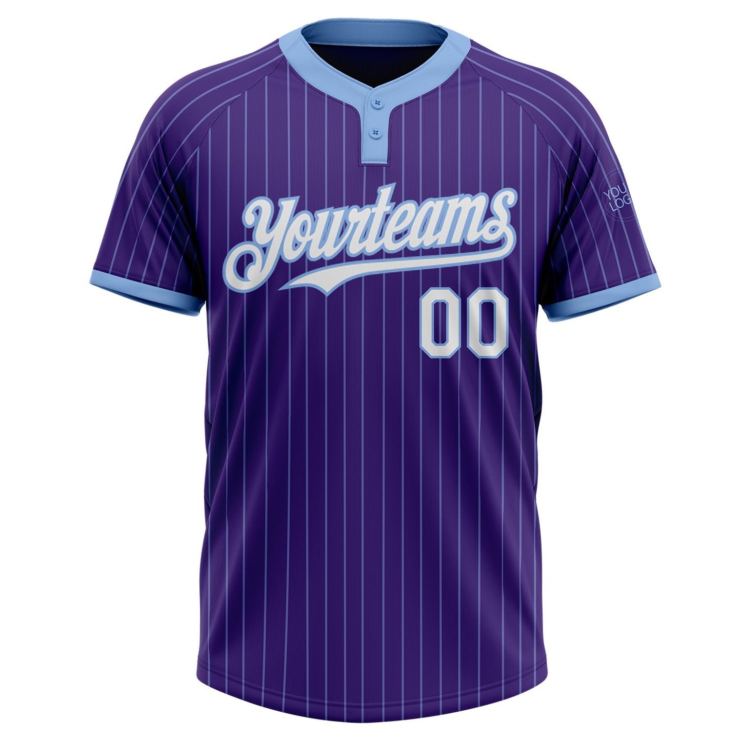 Custom Purple Light Blue Pinstripe White Two-Button Unisex Softball Jersey view 2