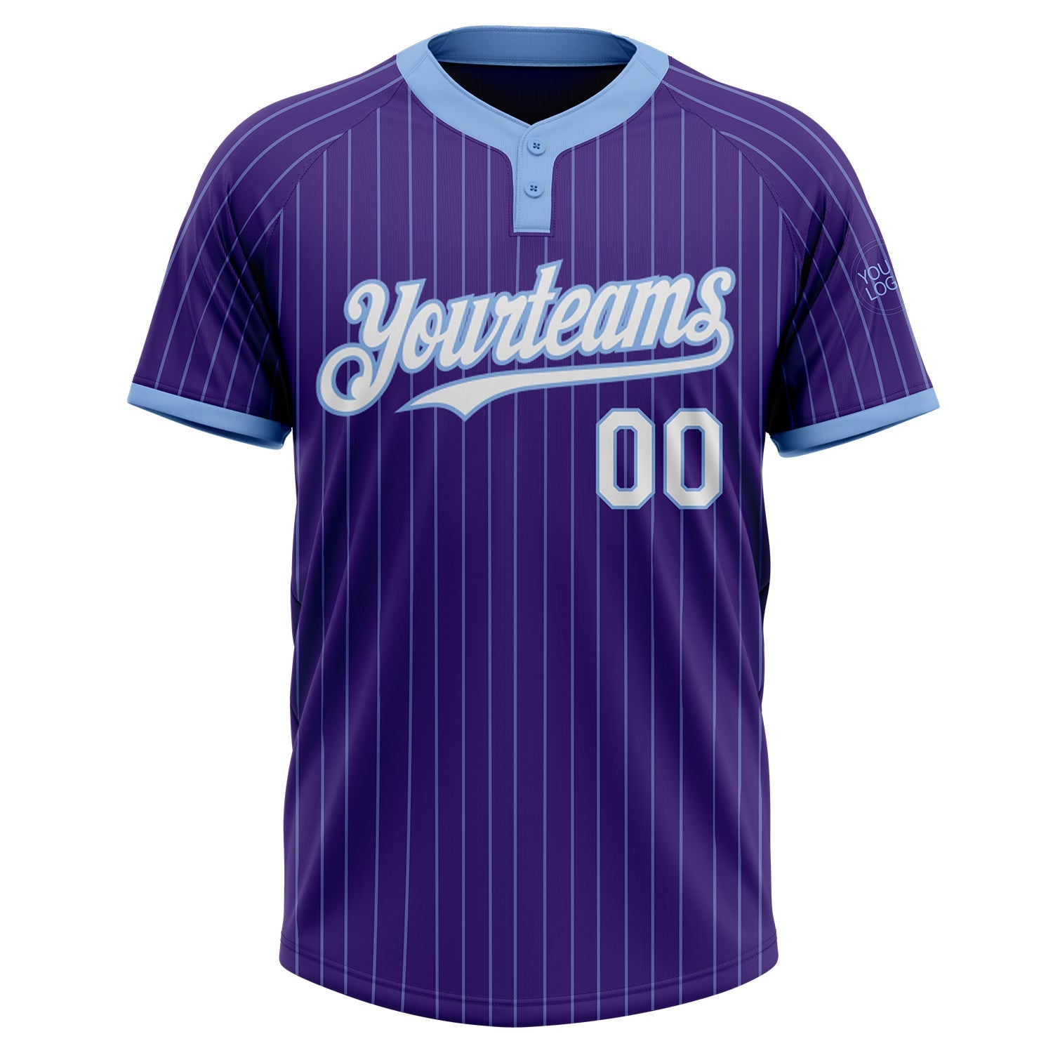 Custom Purple Light Blue Pinstripe White Two-Button Unisex Softball Jersey view 2