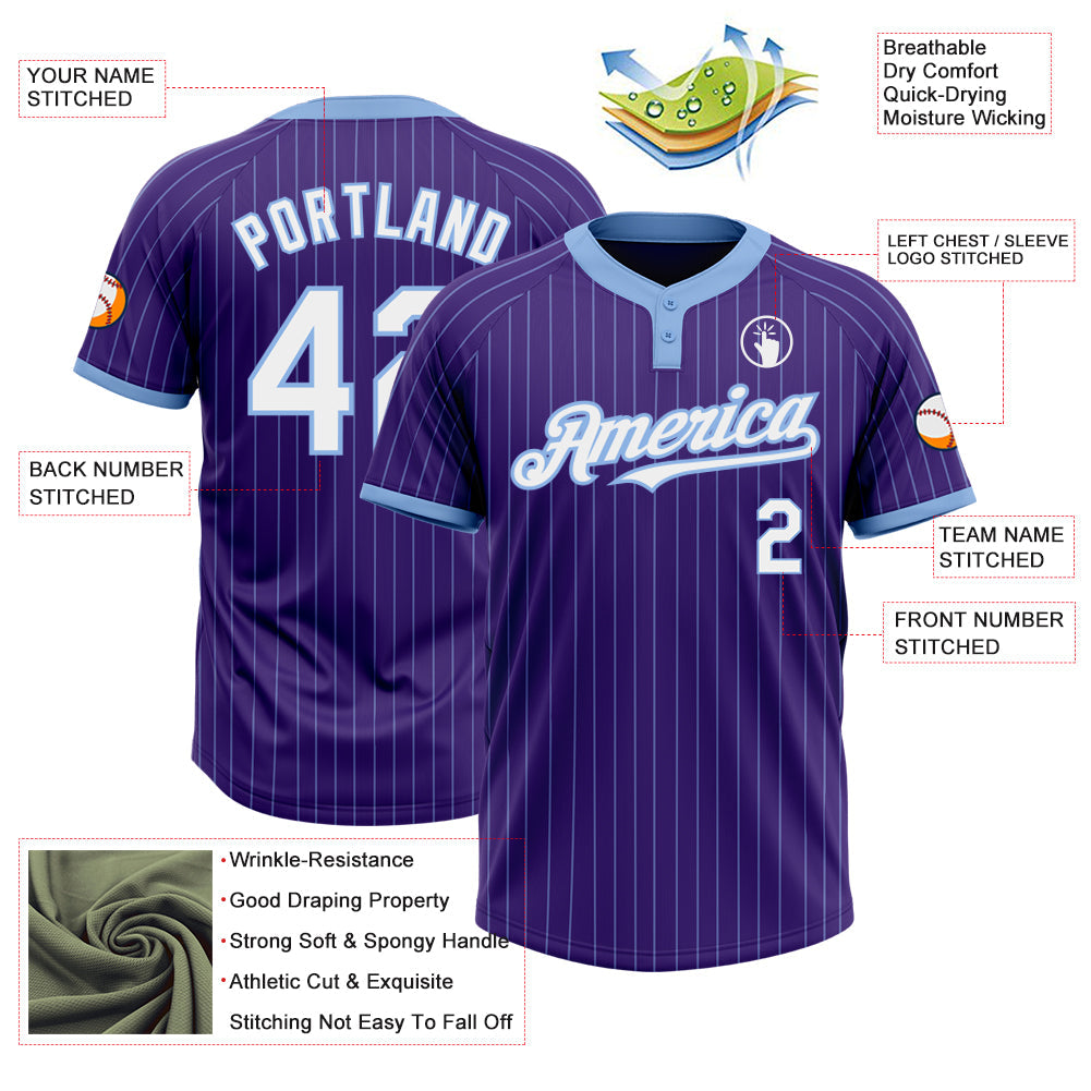 Custom Purple Light Blue Pinstripe White Two-Button Unisex Softball Jersey view 3