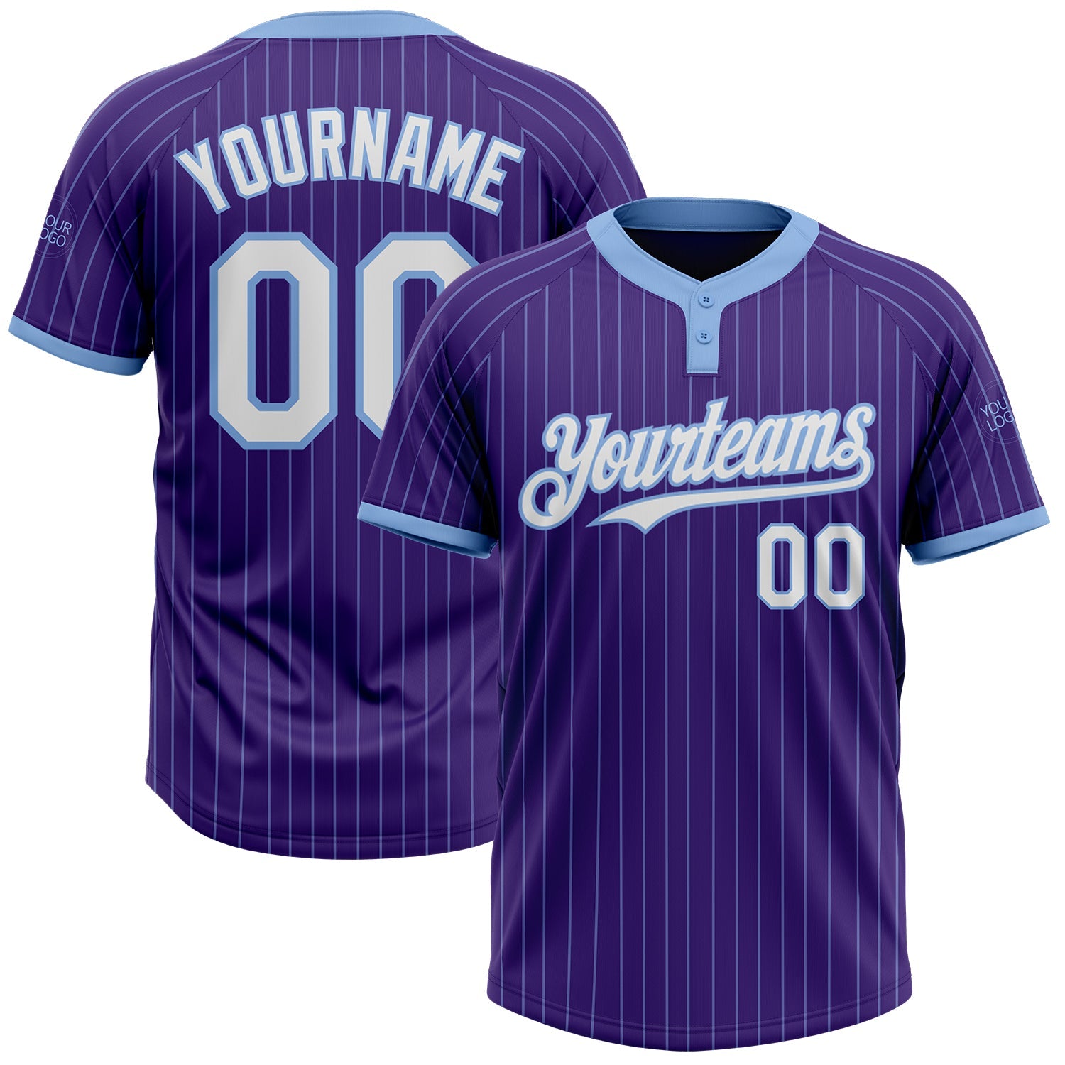 Custom Purple Light Blue Pinstripe White Two-Button Unisex Softball Jersey - Main View