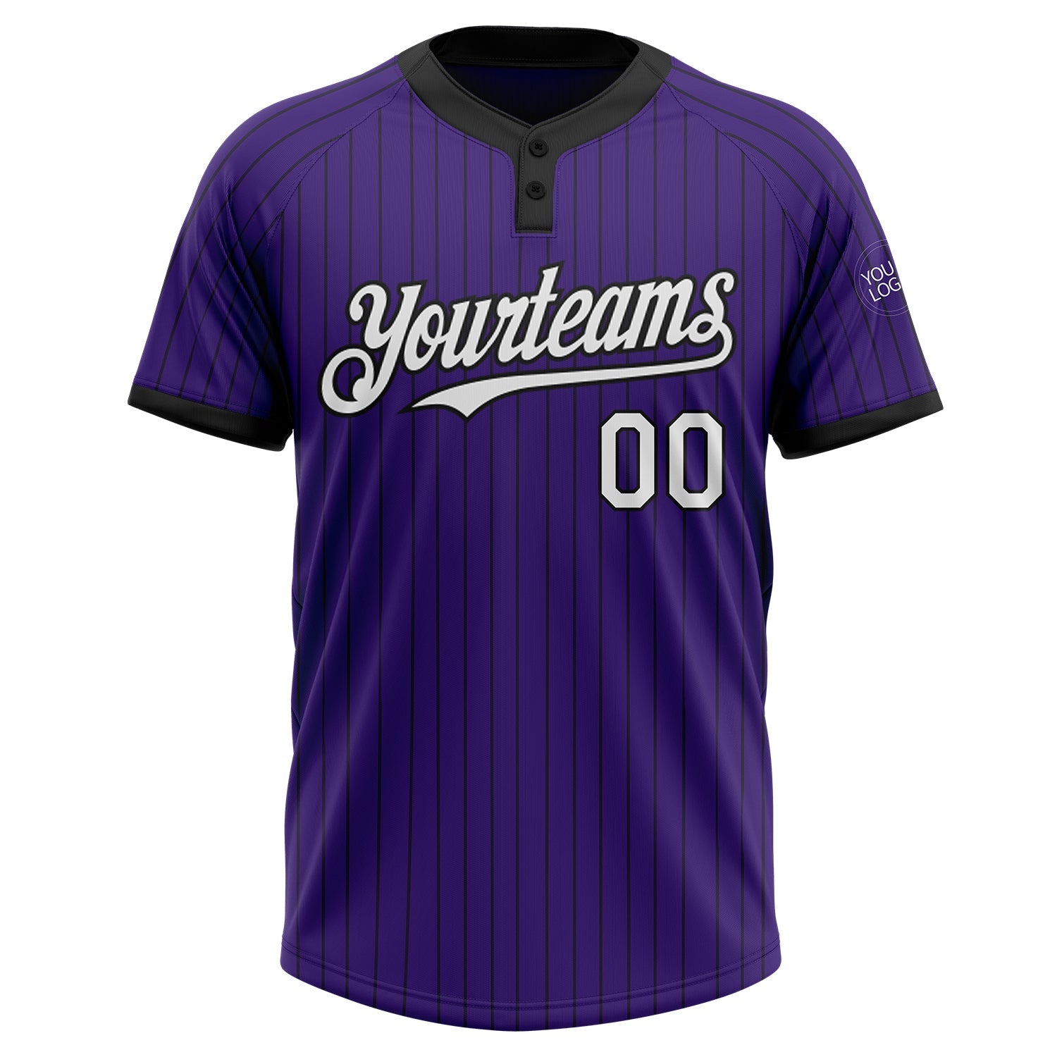 Custom Purple Black Pinstripe White Two-Button Unisex Softball Jersey view 2