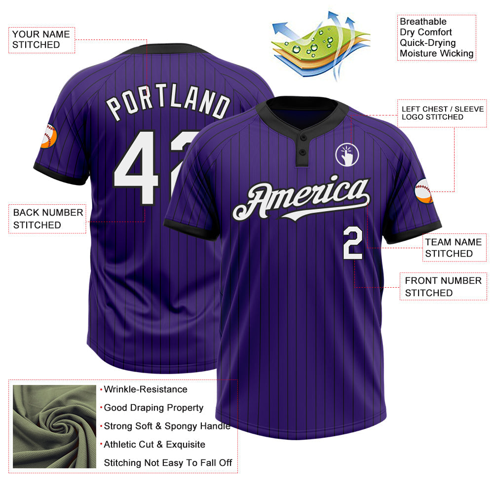 Custom Purple Black Pinstripe White Two-Button Unisex Softball Jersey view 3