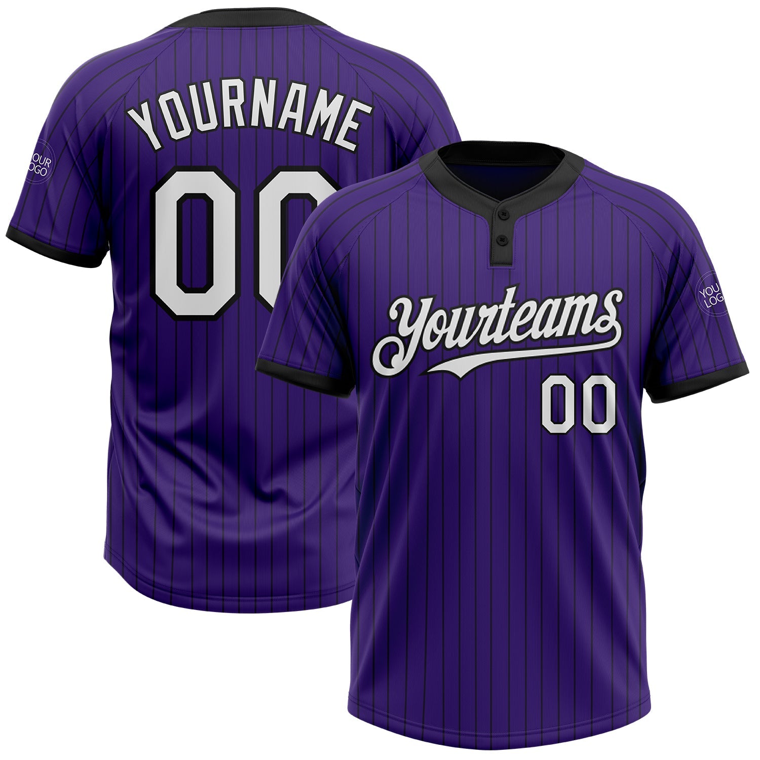Custom Purple Black Pinstripe White Two-Button Unisex Softball Jersey - Main View