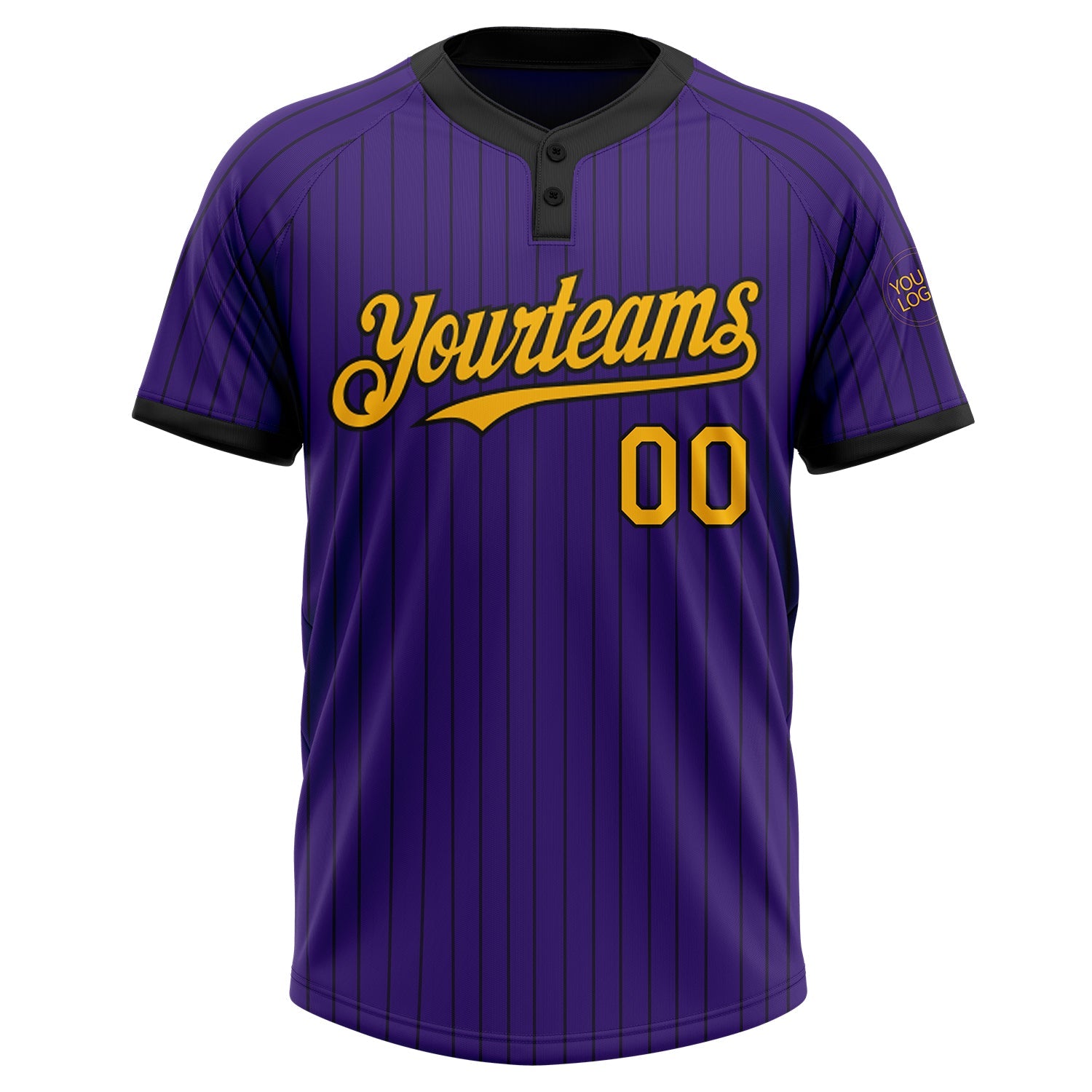 Custom Purple Black Pinstripe Gold Two-Button Unisex Softball Jersey view 2