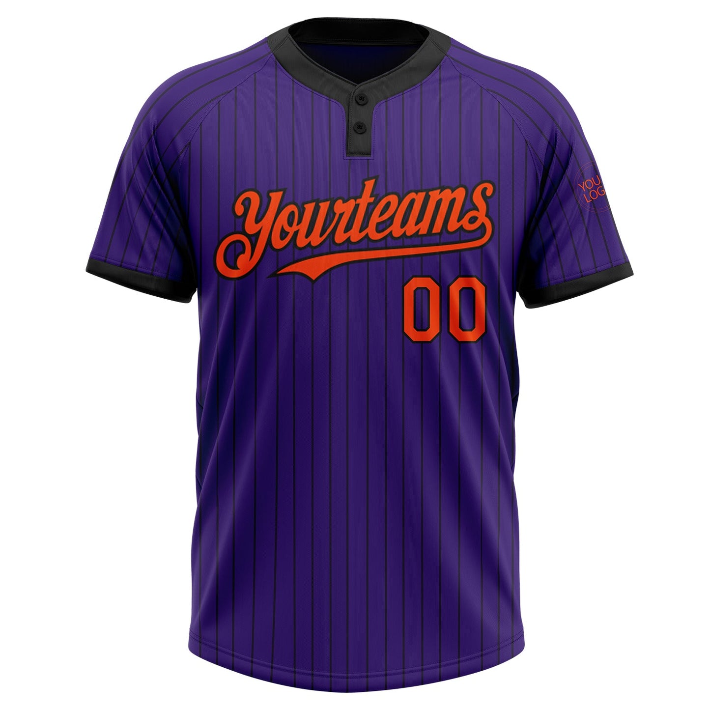 Custom Purple Black Pinstripe Orange Two-Button Unisex Softball Jersey view 2