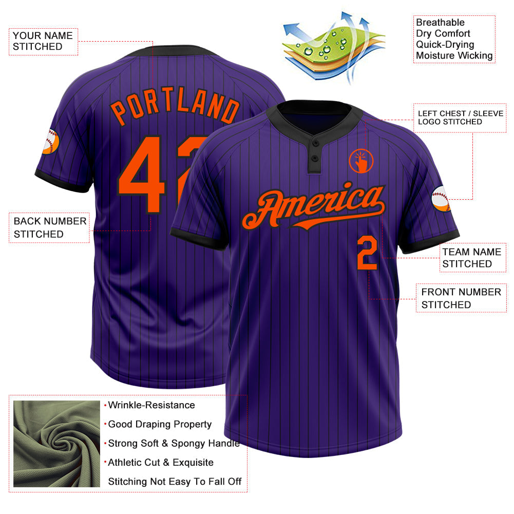 Custom Purple Black Pinstripe Orange Two-Button Unisex Softball Jersey view 3