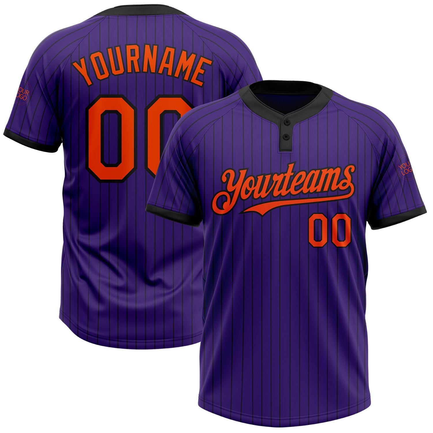 Custom Purple Black Pinstripe Orange Two-Button Unisex Softball Jersey - Main View
