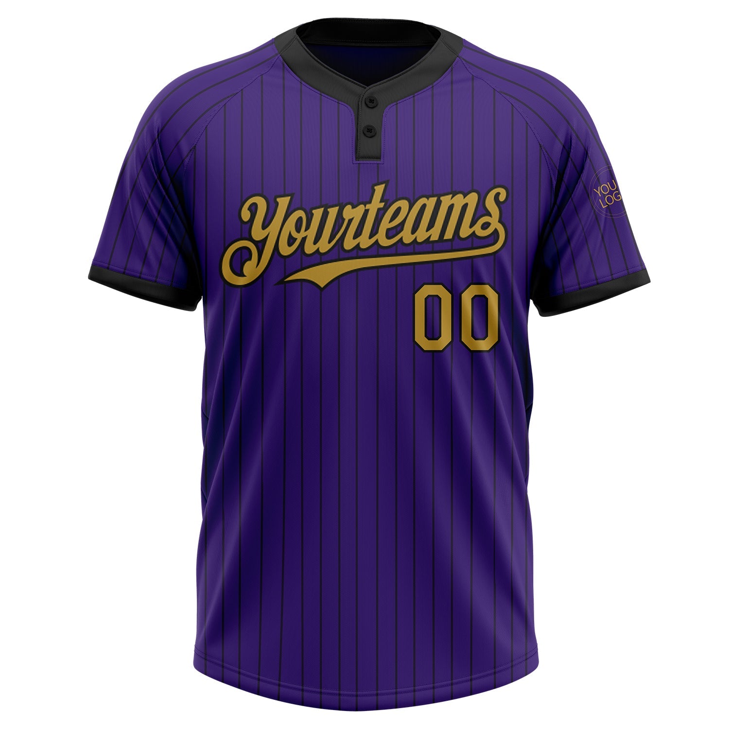 Custom Purple Black Pinstripe Old Gold Two-Button Unisex Softball Jersey view 2