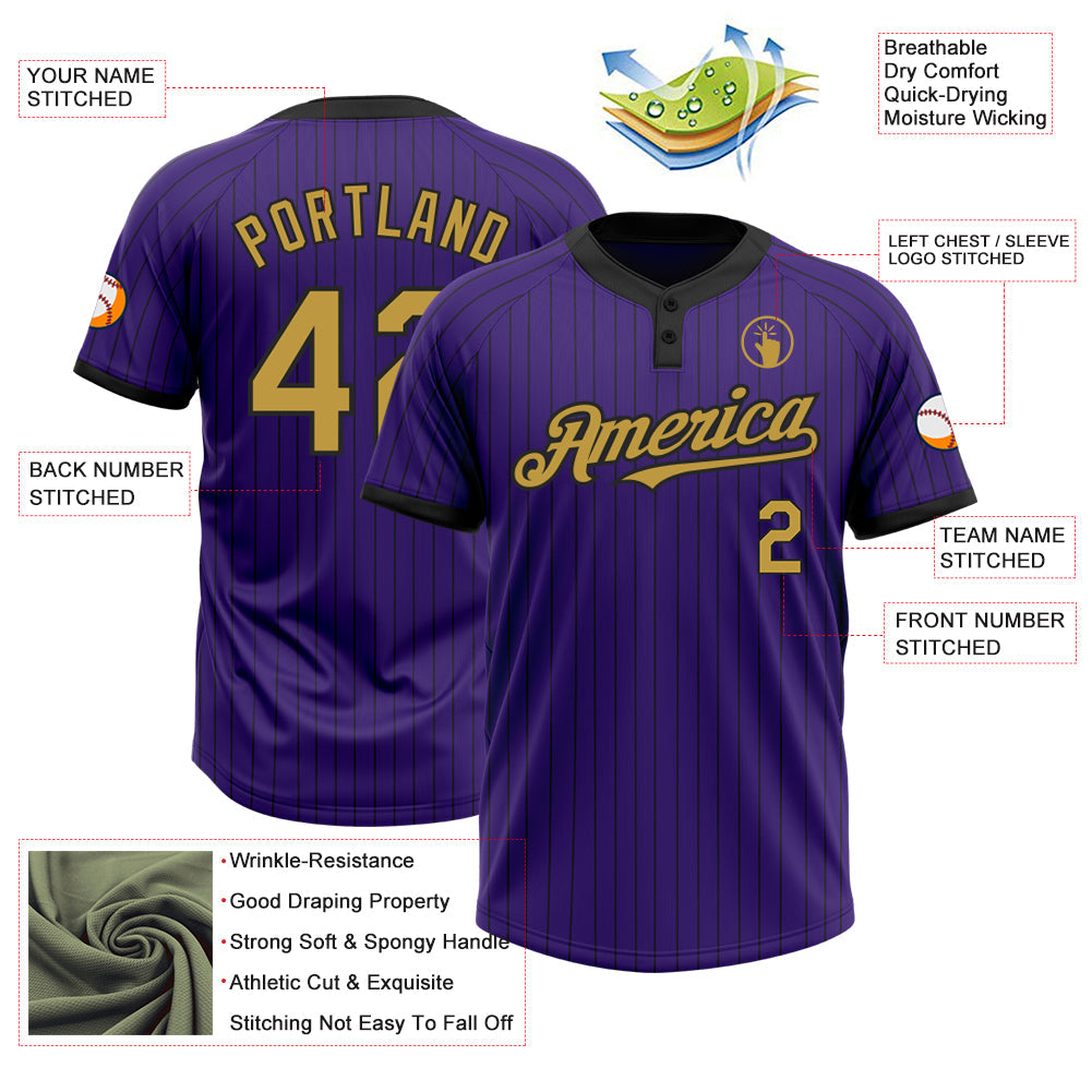 Custom Purple Black Pinstripe Old Gold Two-Button Unisex Softball Jersey view 3