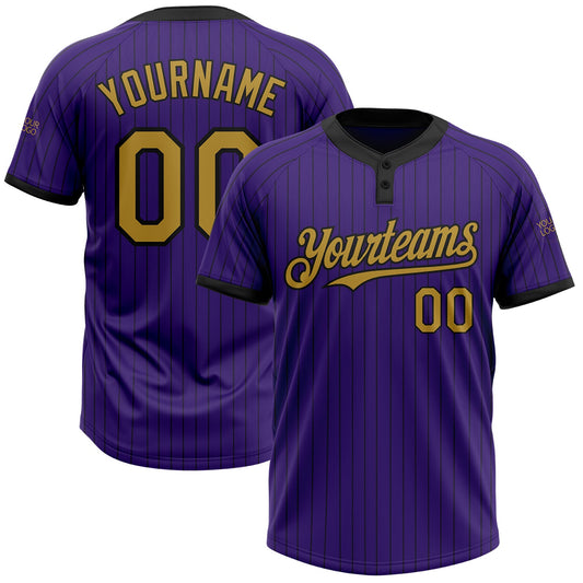 Custom Purple Black Pinstripe Old Gold Two-Button Unisex Softball Jersey - Main View