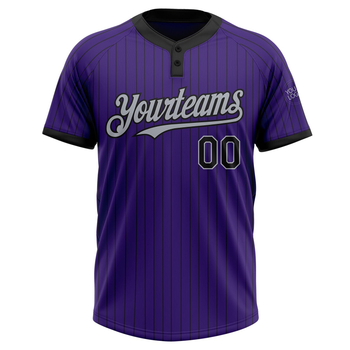 Custom Purple Black Pinstripe Gray Two-Button Unisex Softball Jersey view 2