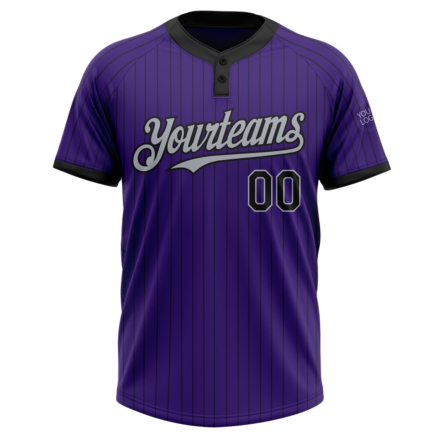 Custom Purple Black Pinstripe Gray Two-Button Unisex Softball Jersey view 2