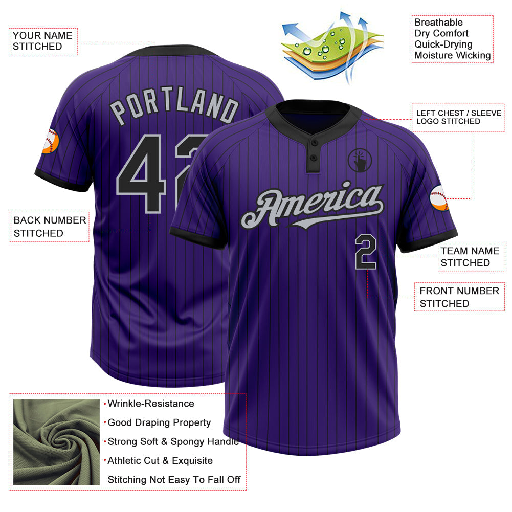Custom Purple Black Pinstripe Gray Two-Button Unisex Softball Jersey view 3