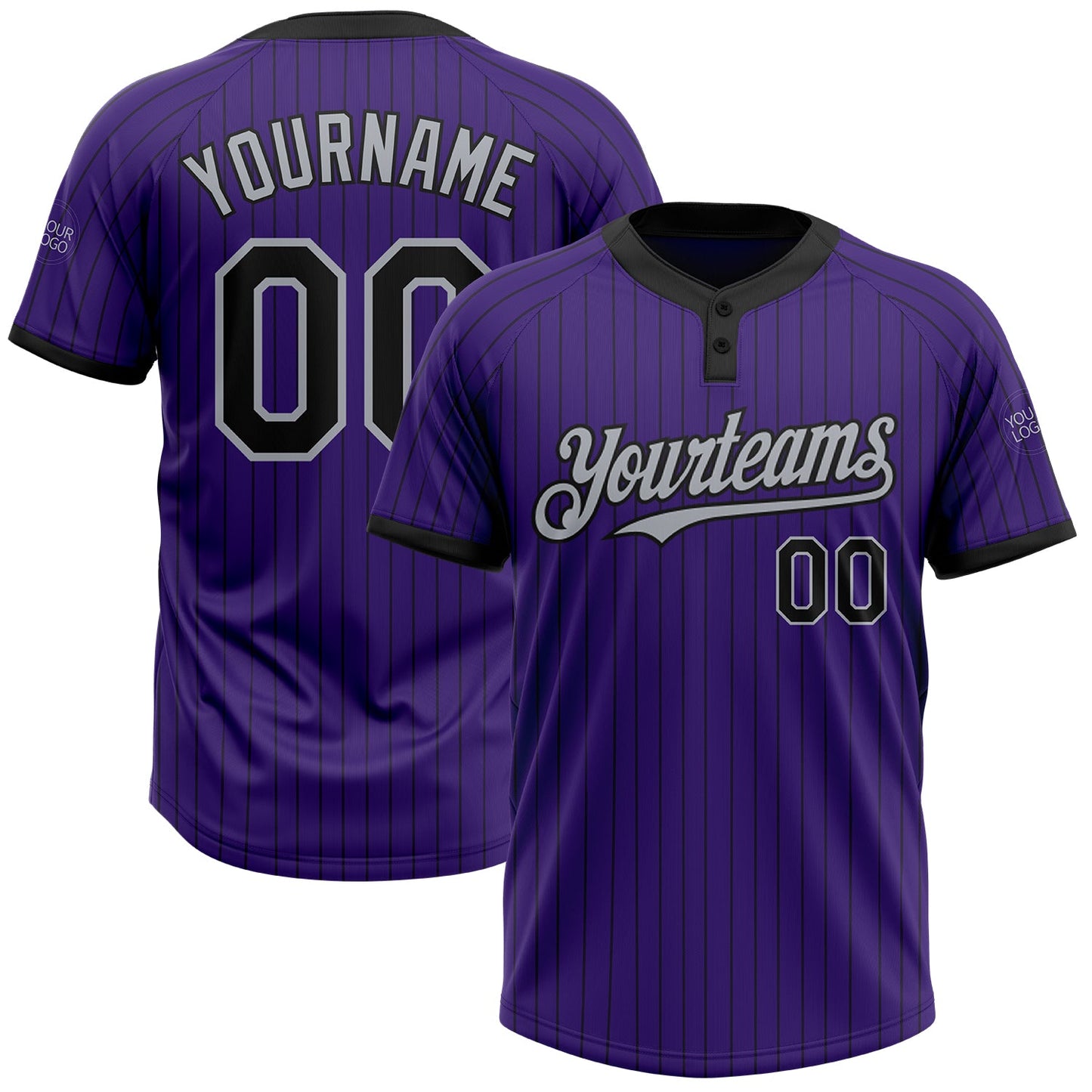 Custom Purple Black Pinstripe Gray Two-Button Unisex Softball Jersey - Main View